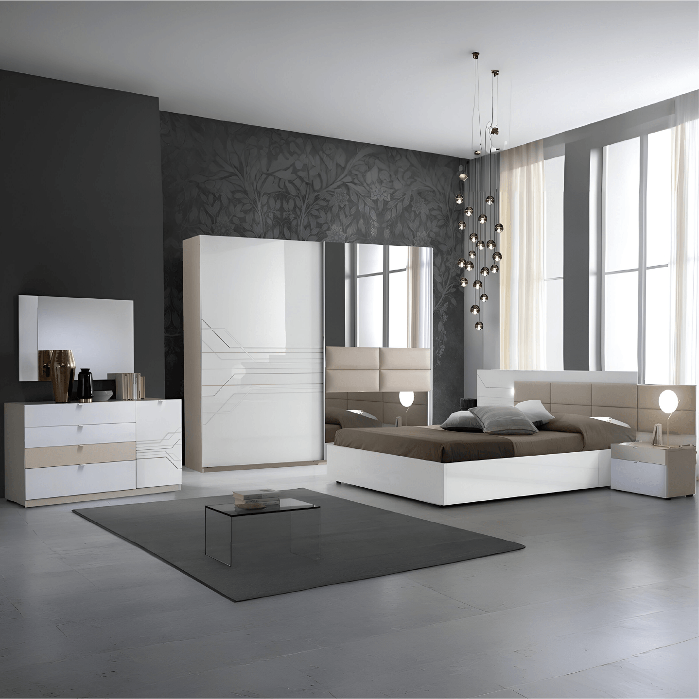 Beautiful SVETLANA Italian Bedroom Set Beige LARGE SLIDING WARDROBE Beige / Gold Colour