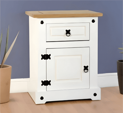 Corona 1 Drawer 1 Door Bedside Cabinet in White/Distressed Waxed Pine