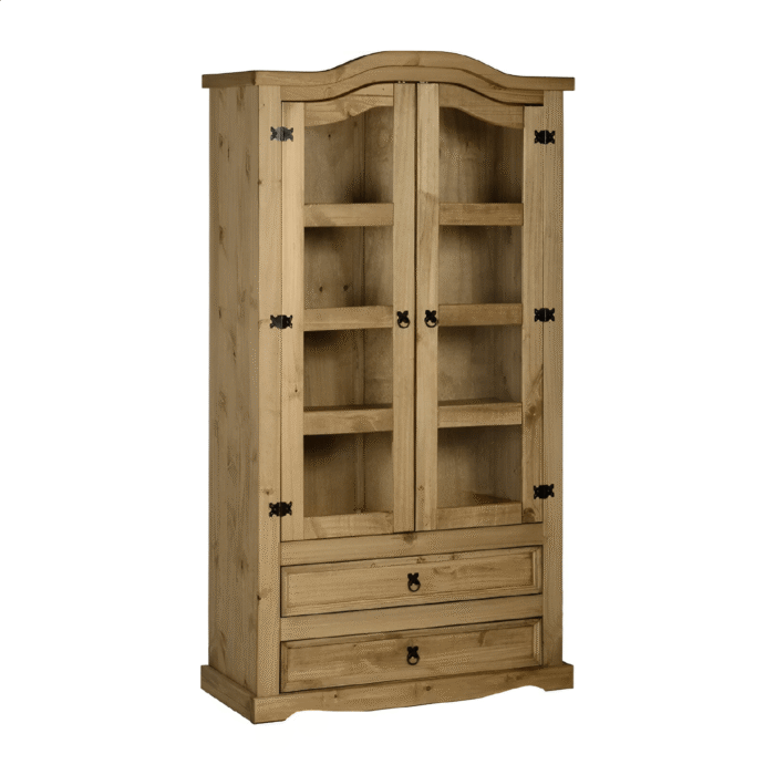 Corona 2 Door 2 Drawer Glass Display Unit in Distressed Waxed Pine/Clear
