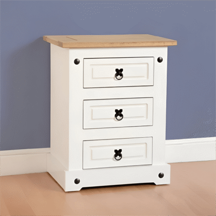 Corona 3 Drawer Bedside Chest in White/Distressed Waxed Pine