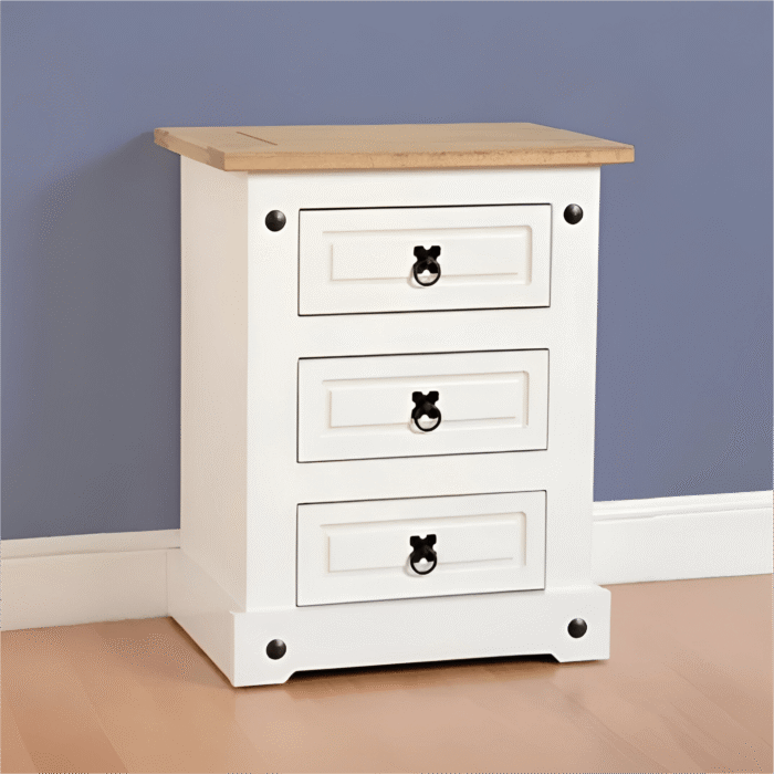 Corona 3 Drawer Bedside Chest in White/Distressed Waxed Pine