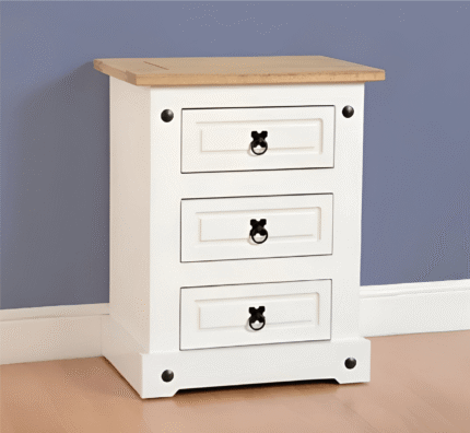 Corona 3 Drawer Bedside Chest in White/Distressed Waxed Pine
