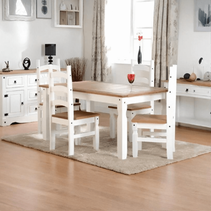 Corona 5' Dining Set White/Distressed Waxed Pine + 4 Chairs