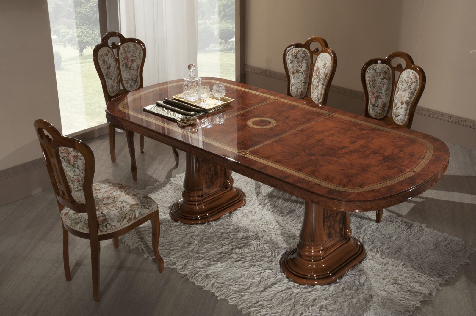 Gina Walnut Radica Italian Large Extending Dining Table with 6 Chairs Dima-Mobili