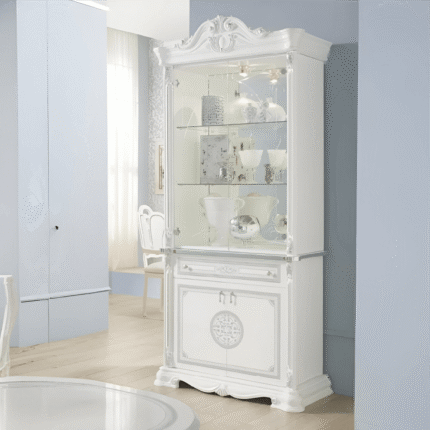 Greta Italian 2 Door Display Cabinet – High Gloss White/Silver