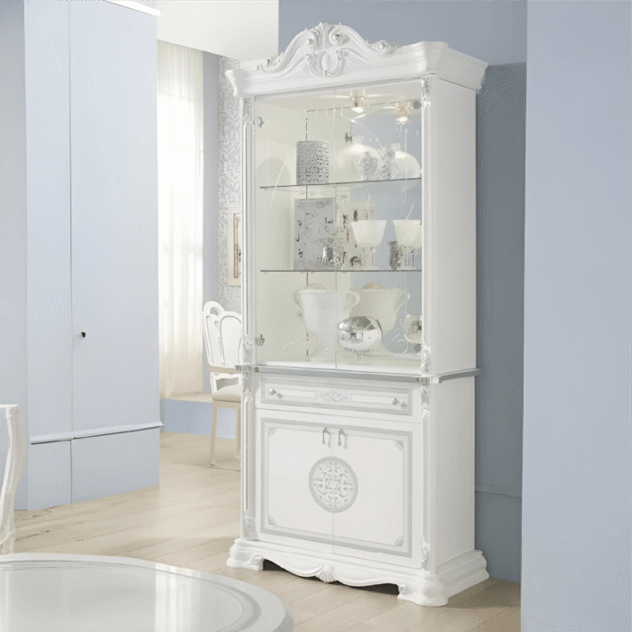 Greta Italian 2 Door Display Cabinet – High Gloss White/Silver
