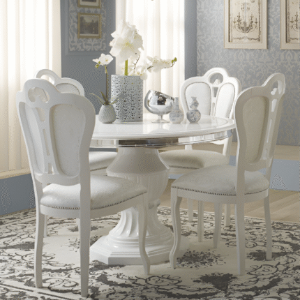 Greta White Finish Round Extension Dining Table with 4 Chairs Tuttomobili