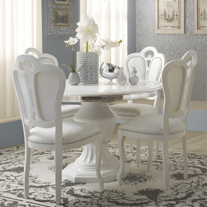 Greta White Finish Round Extension Dining Table with 4 Chairs Tuttomobili
