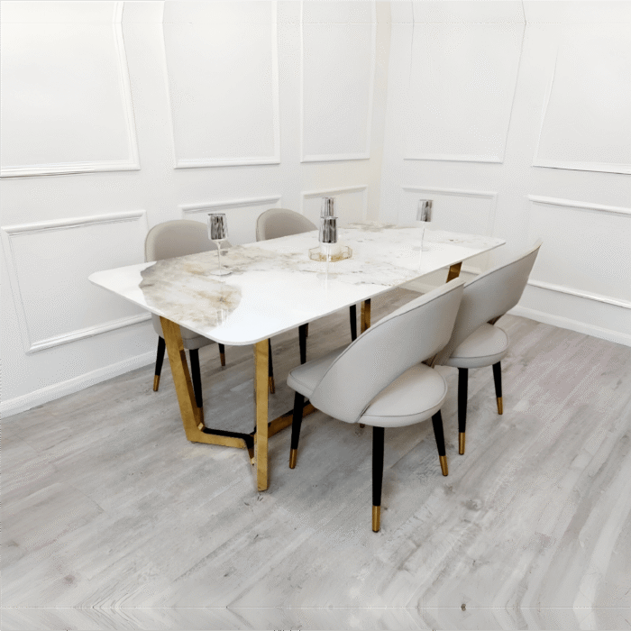 Lucien 1.8 Gold Dining Table with Pandora Gold Sintered Stone Top + 6 Astra Leather Chairs
