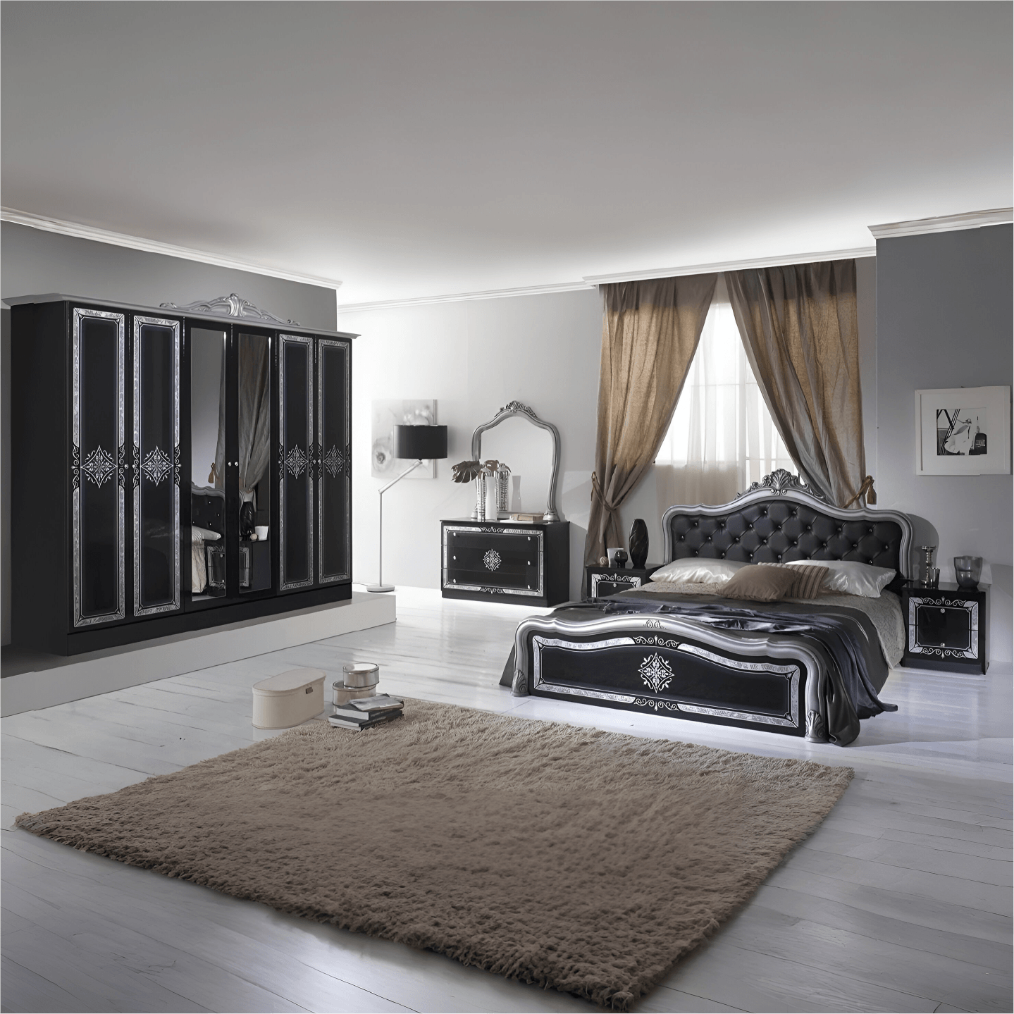 Luisa Italian High Gloss Black/Silver Italian Bedroom set