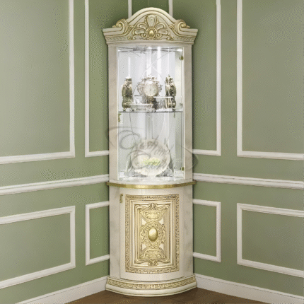 Luxury Leonardo Italian High Gloss Corner Vitrine Unit Ivory Gold by Camel Group