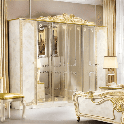 Luxury Leonardo Italian High Gloss Ivory and Gold Finish 6 Door Mirror Wardrobe By Camel Group