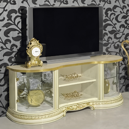 Luxury Leonardo Italian High Gloss Ivory and Gold Finish Italian Mini TV Cabinet by Camel Group