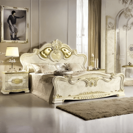 Luxury Leonardo Italian High Gloss Shiny Ivory Finish Upholstered Bed Frame by Camel Group