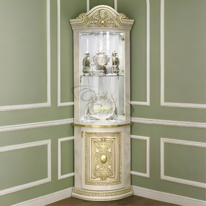 Luxury Leonardo Ivory Finish Gold Italian Corner China Cabinet Camel Group