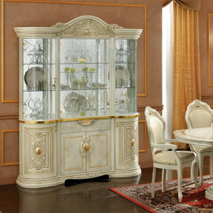 Luxury Leonardo Ivory and Gold Finish Italian 4 Door Display Cabinet by Camel Group