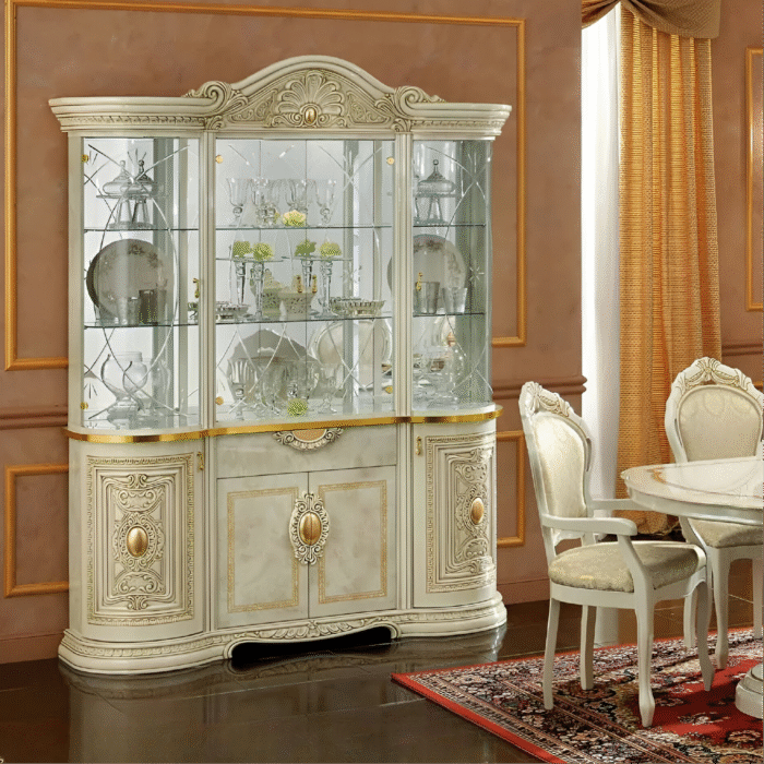 Luxury Leonardo Ivory and Gold Finish Italian 4 Door Display Cabinet by Camel Group