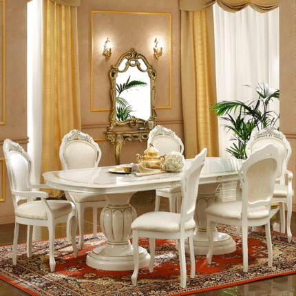 Luxury Leonardo Ivory and Gold Finish Oval Extension Dining Set with 6 Chairs by Camel Group