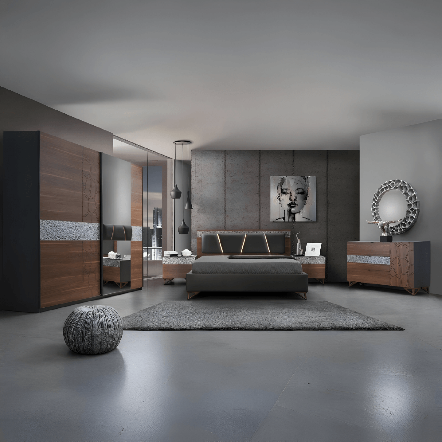 Luxury Mercury High Gloss Italian Modern Walnut Bedroom Set With LED lights Headboard With Large Sliding 2 Door Wardrobe