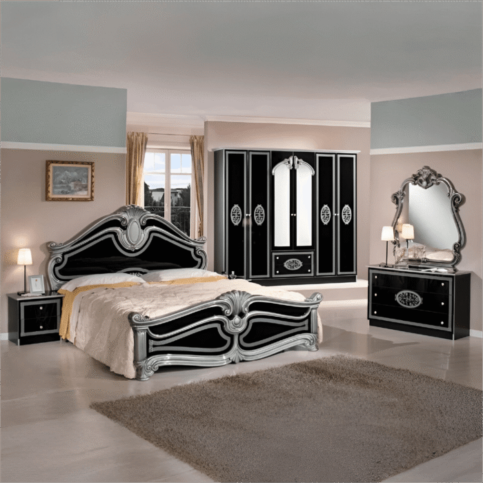 New Amalfi 6 Doors Italian Bedroom Set Black-Silver By Topline Mobili