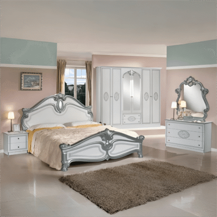New Amalfi 6Doors Italian Bedroom Set (White-Silver) Topline Mobili
