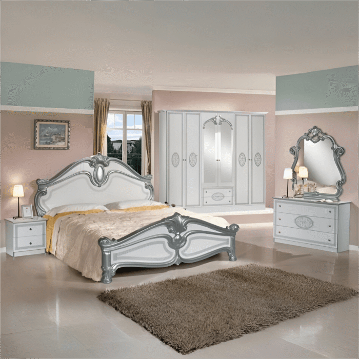 New Amalfi 6Doors Italian Bedroom Set (White-Silver) Topline Mobili