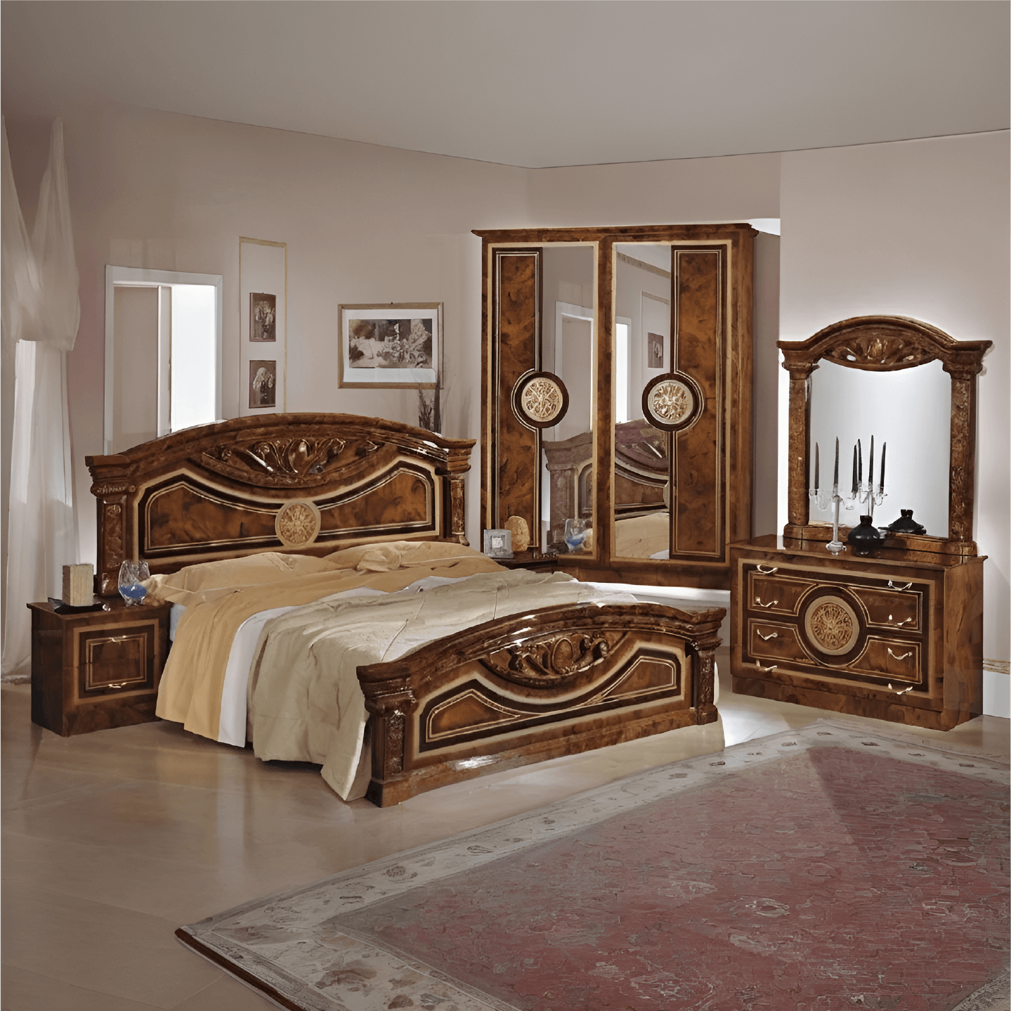 New Roma High Glossy Italian Bedroom Set Walnut/Gold Topline Mobili