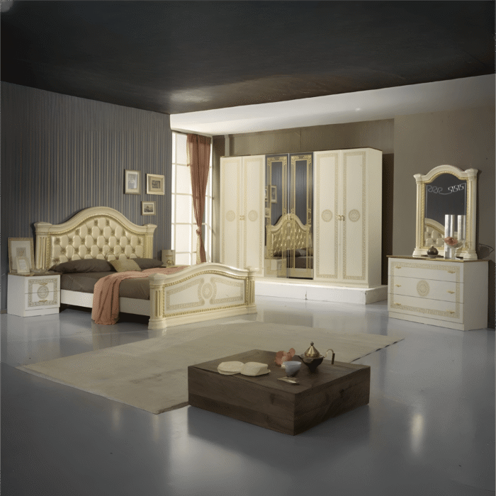 New Serena Padded Headboard Italian Beige and Gold Bedroom Set Ben Company