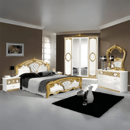 New Sibila 4 Doors High Glossy Italian Bedroom Set White/Gold Topline Mobili