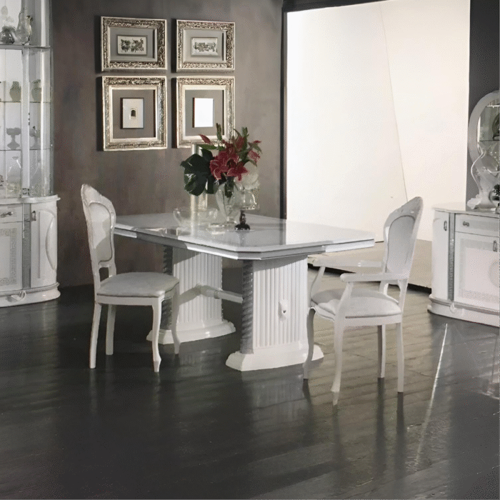 New Venus White and Silver Finish Italian Dining Table + 6 Chairs Ben Company