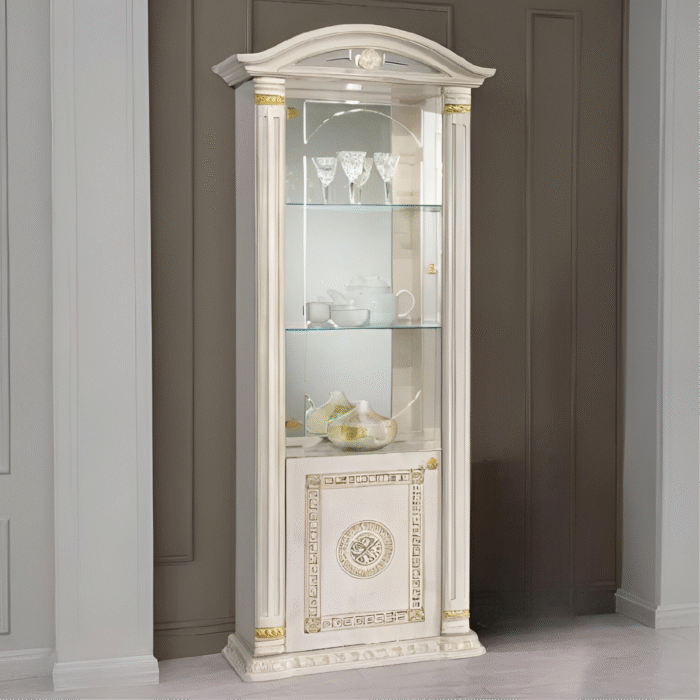 New Versace Italian Aurora Single Door Vitrine Display Unit Beige and Gold H2O Design