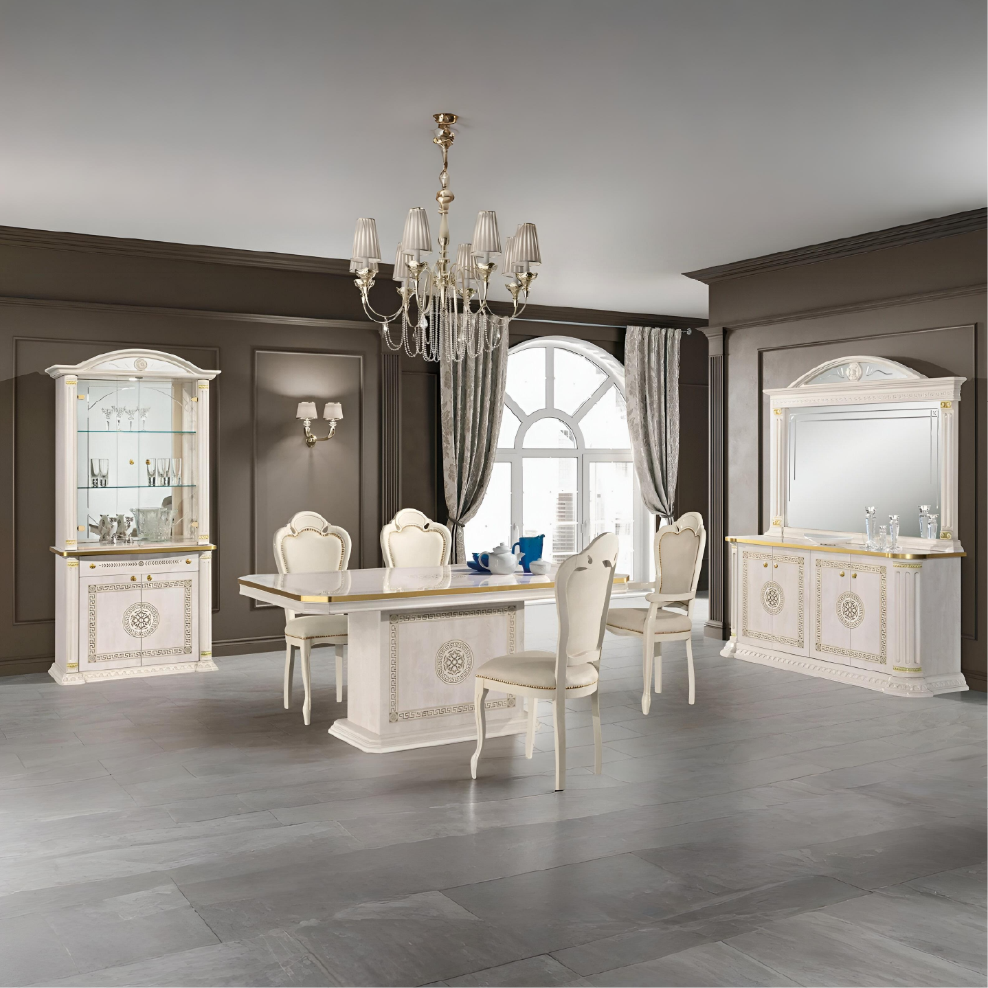 New Versace Italian H2O Design Aurora Beige and Gold Large Ext-Dining Set + 6 Brigitte Chairs