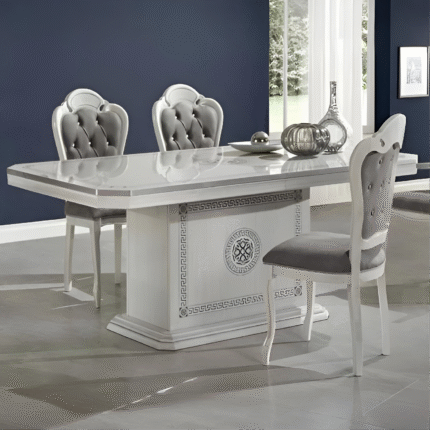New Versace Italian H2O Design Aurora White/Silver Large Ext-Dining Set + 6 Brigitte Chairs