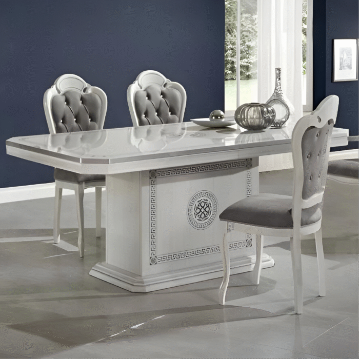 New Versace Italian H2O Design Aurora White/Silver Large Ext-Dining Set + 6 Brigitte Chairs