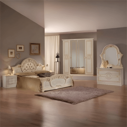 Sara Italian 4Doors High Glossy Bedroom Set Beige Padded Headboard Ben Company