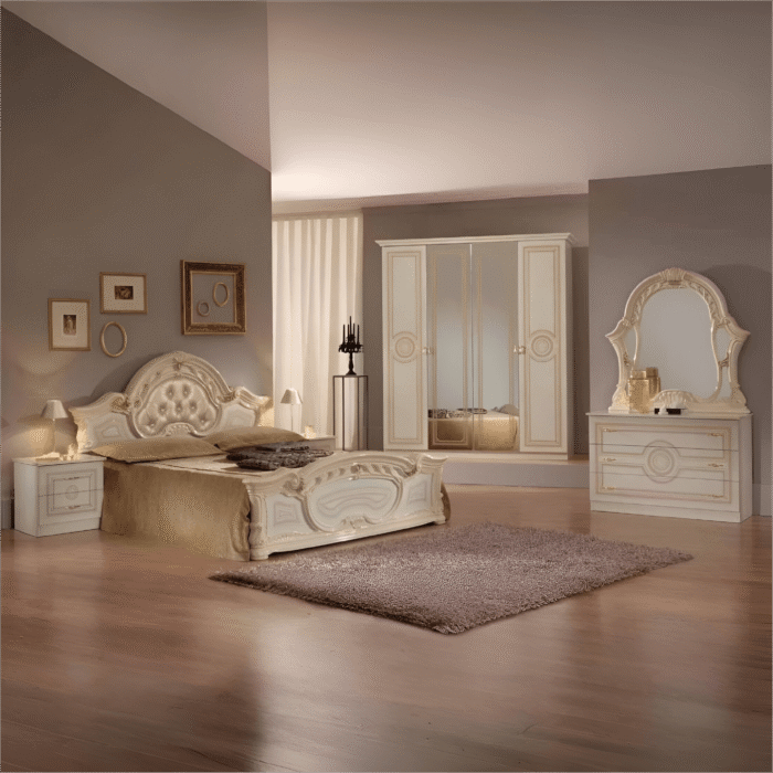Sara Italian 4Doors High Glossy Bedroom Set Beige Padded Headboard Ben Company