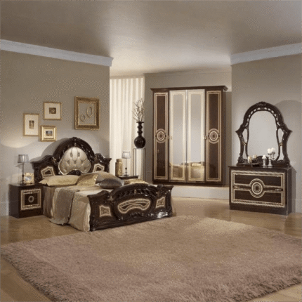 Sara Italian 4Doors High Glossy Bedroom Set Padded Headboard Mahogany Ben Company
