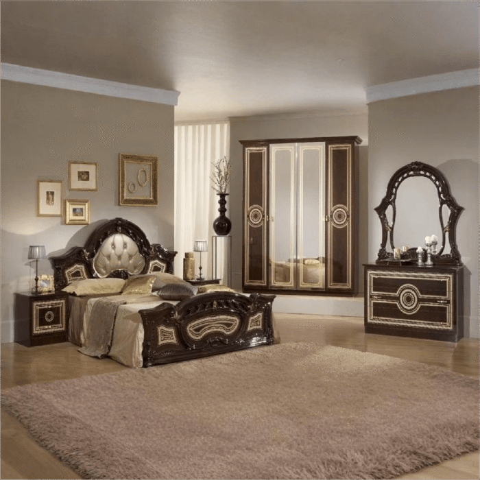 Sara Italian 4Doors High Glossy Bedroom Set Padded Headboard Mahogany Ben Company