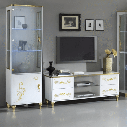 Sofia Italian High Gloss Large Tv Unit with 2x Single Door Vitrine White and Gold Ben Company