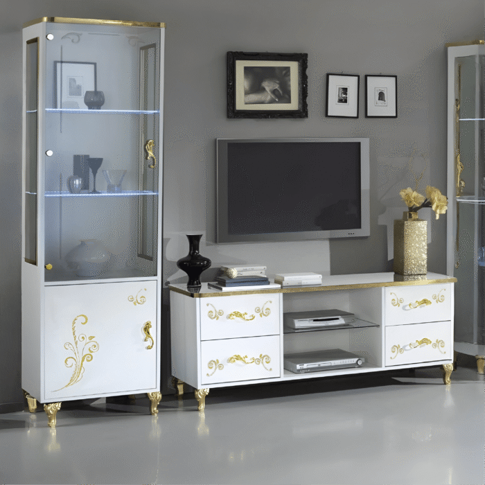 Sofia Italian High Gloss Large Tv Unit with 2x Single Door Vitrine White and Gold Ben Company