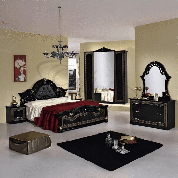 Stella Italian High Gloss Black/Gold  4 Doors Italian Bedroom Set H2O Design