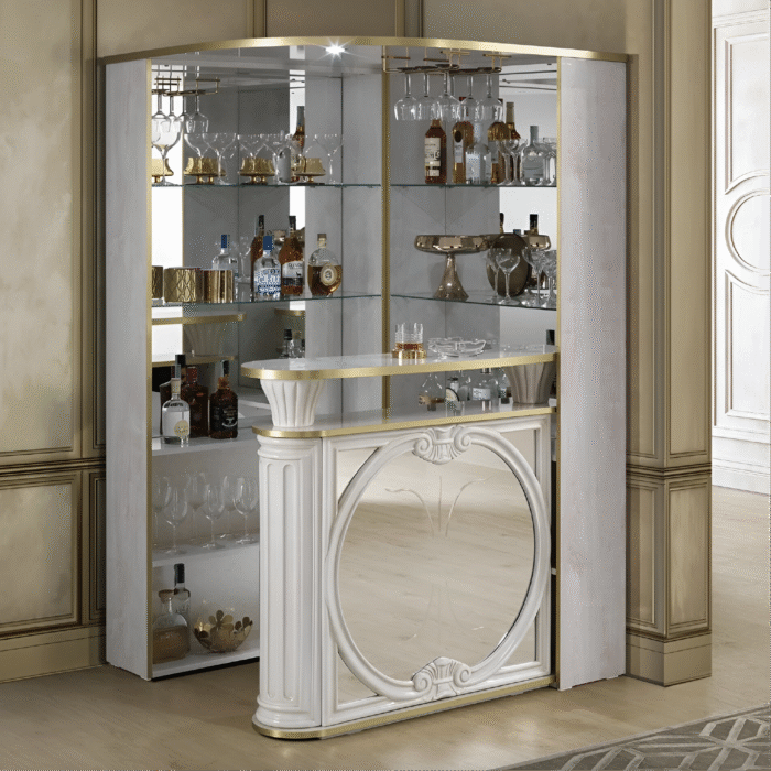Tiffanie Italian Luxury High Gloss Biege/Gold Mirror Front Corner Bar Unit by H2O Design