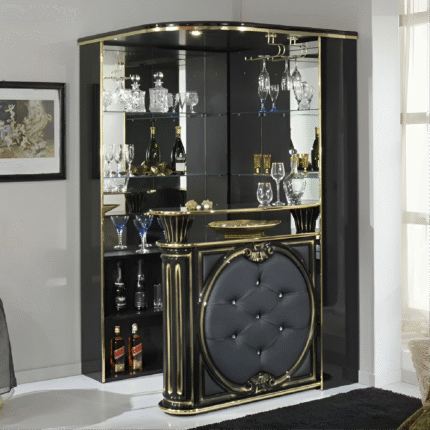 Tiffanie Italian Luxury High Gloss Black/Gold Corner Bar Unit