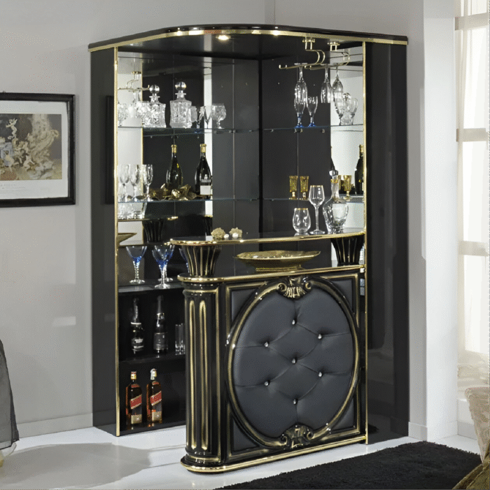 Tiffanie Italian Luxury High Gloss Black/Gold Corner Bar Unit