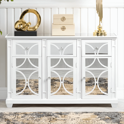 Torino White Frame And 3 Drawer 3 Door Wood Sideboard Mirrored Cabinet