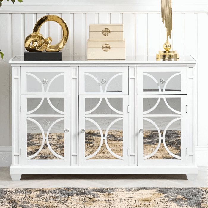 Torino White Frame And 3 Drawer 3 Door Wood Sideboard Mirrored Cabinet
