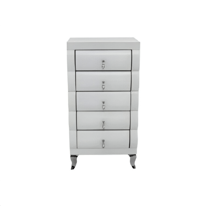 White Mirror Curved 5 Drawer Tallboy