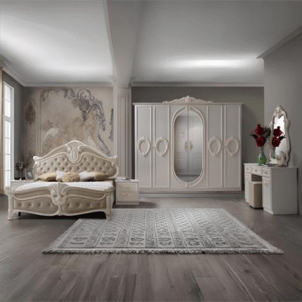 Luxury Nora Italian Kingsize Bedroom Set Large 6 Door wardrobe +Vanity Dresser & Mirrorr + Stool
