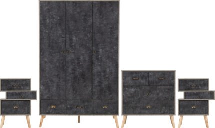 Nordic 3 Door 3 Drawer Wardrobe Bedroom Set Concrete Effect/Charcoal