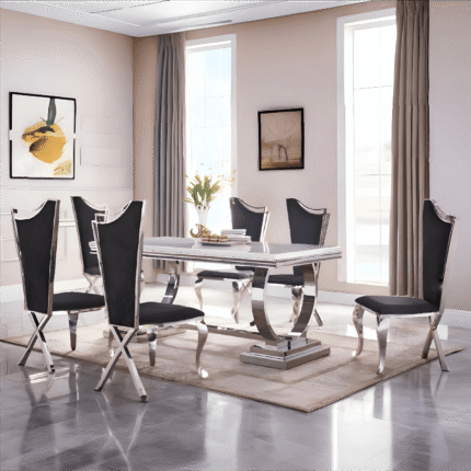 Bravia Large 200M Marble Stone Grey Top Dining Table with 6 Chairs
